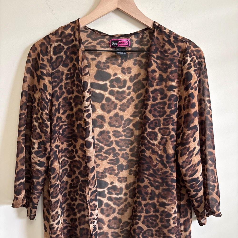 Say What? Leopard Print Sheer Open Front Cardigan High Low Hem Brown Small